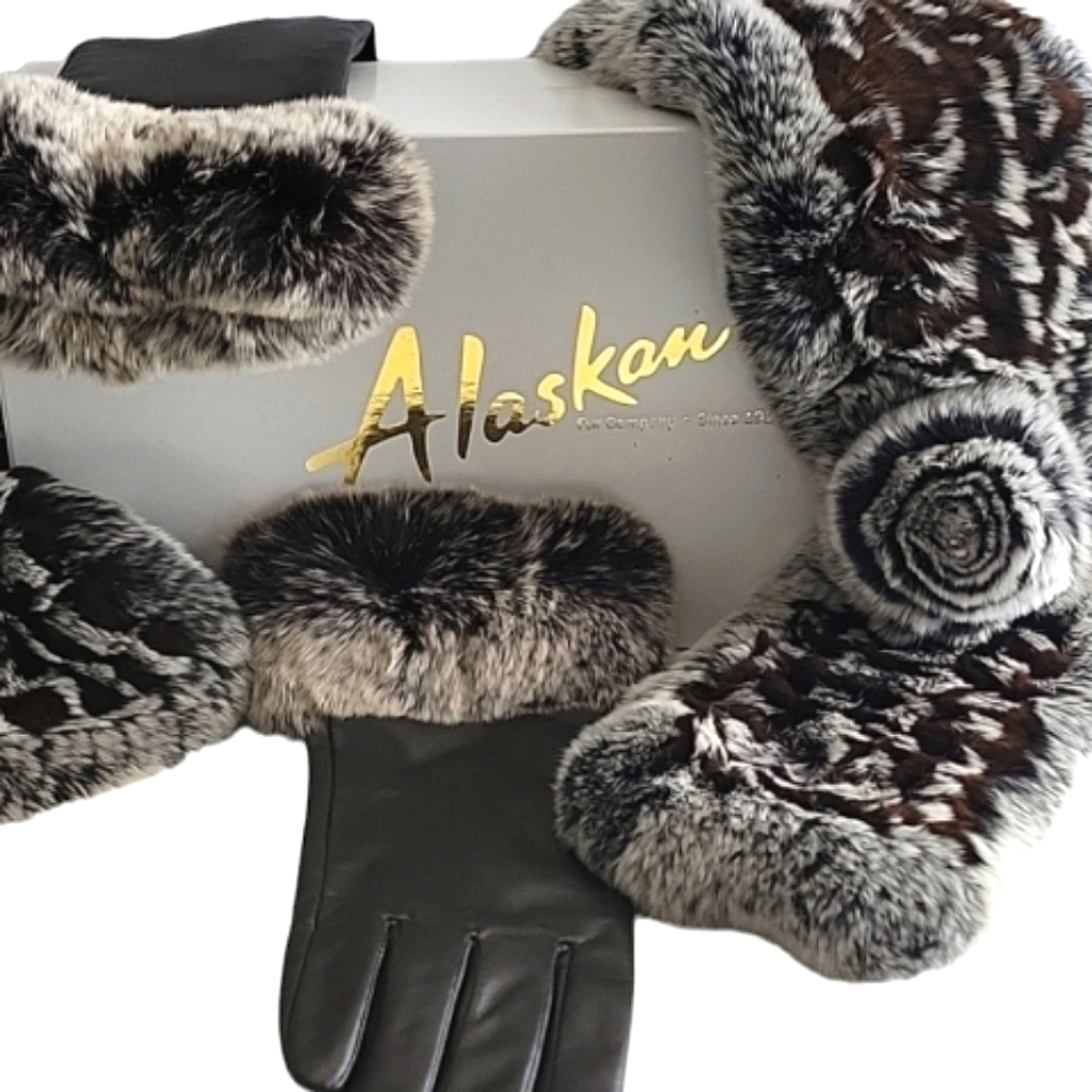 Alaskan Fur Knit Snow Top REX Scarf Headwrap + matching Lambskin LEA Gloves NWT - Picture 14 of 14